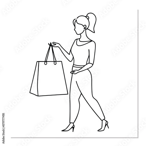 a woman with a shopping bag, line art vector illustration isolated on a white background 