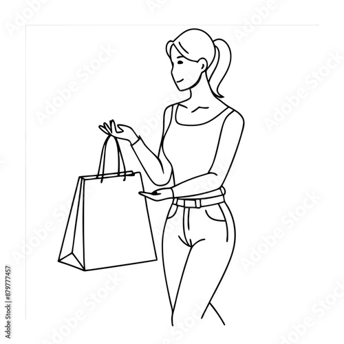 a woman with a shopping bag, line art vector illustration isolated on a white background 