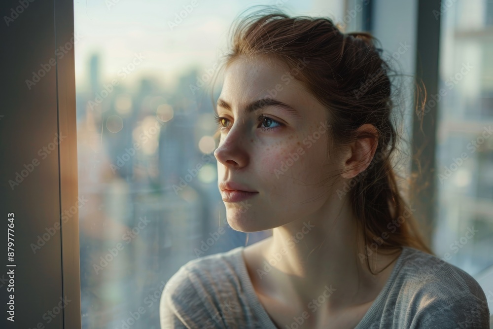 A young woman with long brown hair sits by a window and looks out at a blurred cityscape at sunset A young woman with long brown hair sits by a window and looks out at a blurred cityscape at sunset