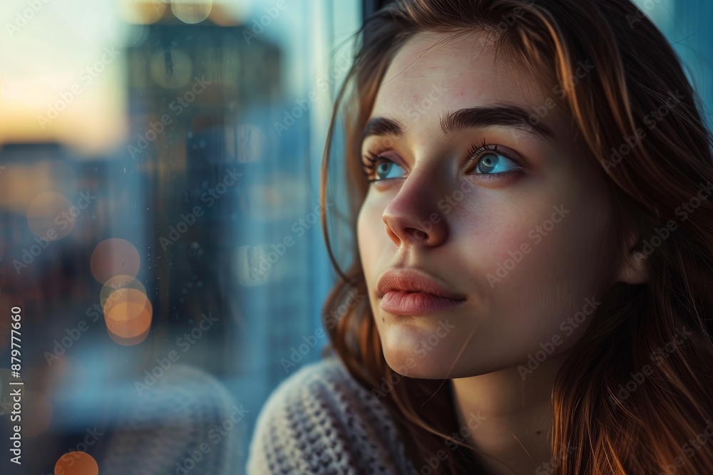 Fototapeta premium A young woman with long brown hair stares out of a window at a blurred cityscape. The warm glow of the city lights reflects in her blue eyes as she contemplates the view