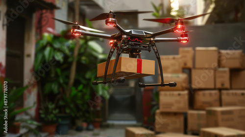 A delivery drone carrying a package in an urban warehouse setting, surrounded by stacked boxes and green plants.