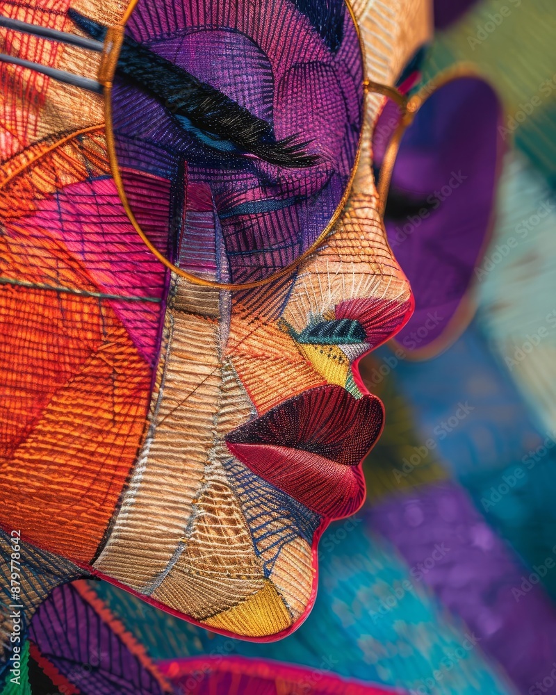 Obraz premium Close-up of colorful abstract artwork featuring a face with vibrant hues and intricate details, creating a modern, artistic expression.