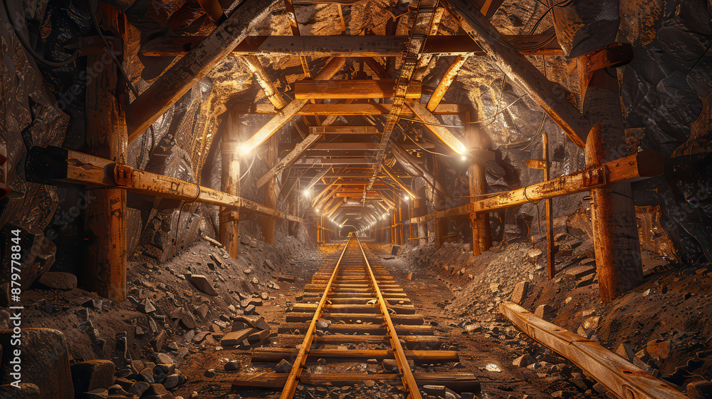 A well-lit underground mining tunnel with wooden supports and rail tracks leading into the distance, showcasing industrial architecture. A well-lit underground mining tunnel with wooden supports and rail tracks leading into the distance, showcasing industrial architecture.