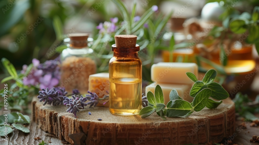 Aromatic essential oil bottles and natural soap on wooden surface with fresh herbs and flowers in the background. Spa and wellness concept. Aromatic essential oil bottles and natural soap on wooden surface with fresh herbs and flowers in the background. Spa and wellness concept.