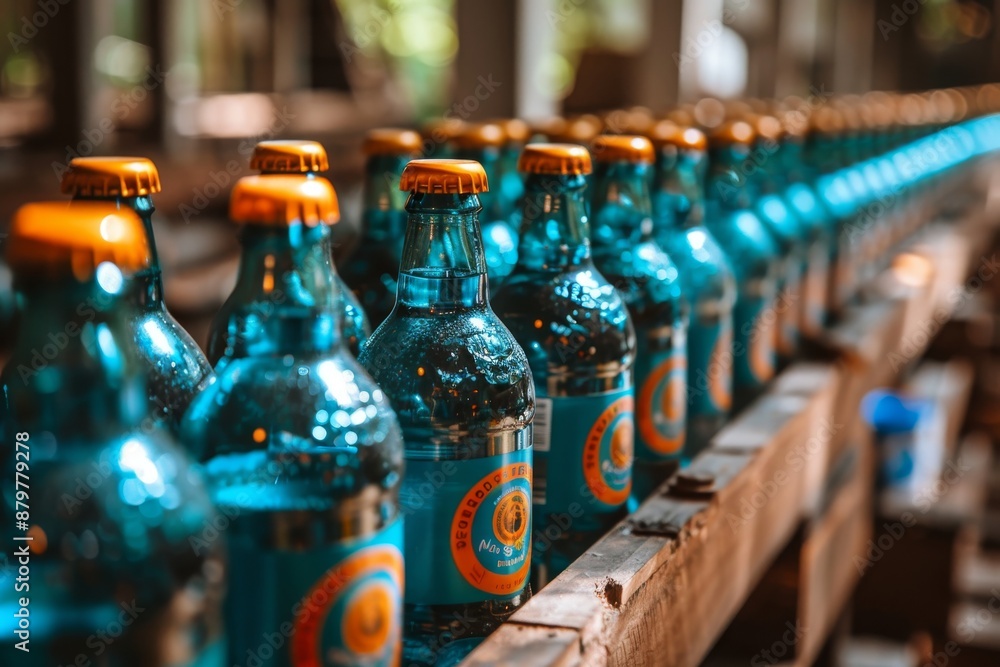 Row of Blue Glass Bottles With Orange Caps on Wooden Shelf Row of Blue Glass Bottles With Orange Caps on Wooden Shelf