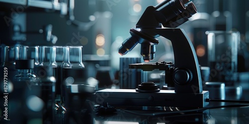 A microscope sitting on a glass table
