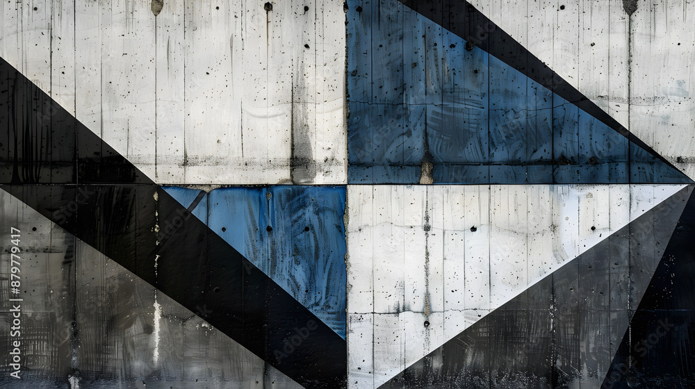 Fototapeta premium Stark geometric abstract with black and white textures, accented by blue splashes on a textured angular backdrop.