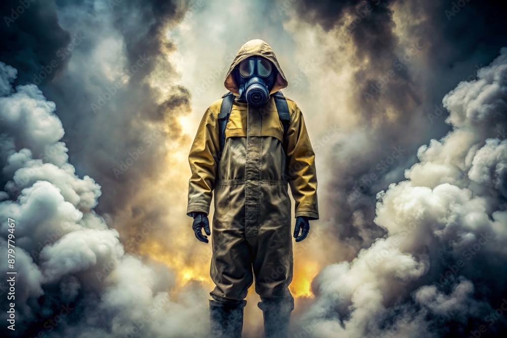 A person wearing a gas mask and protective suit A person wearing a gas mask and protective suit