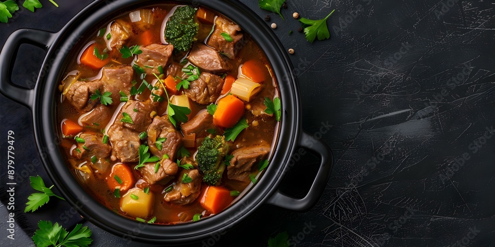Savory meat and vegetable soup with rich dark sauce viewed from the top. Concept Food Photography, Soup Recipe, Top-Down Perspective, Savory Cuisine, Dark Sauce Savory meat and vegetable soup with rich dark sauce viewed from the top. Concept Food Photography, Soup Recipe, Top-Down Perspective, Savory Cuisine, Dark Sauce