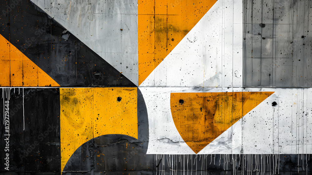 Naklejka premium Geometric abstract in black and white with textured details and yellow accents, showcasing stark contrasts and yellow splashes over an angular backdrop.