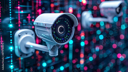 Close-up of a modern security camera with a background of digital data, symbolizing surveillance and cybersecurity.