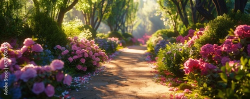 Tranquil garden path lined with blooming flowers, 4K hyperrealistic photo © Настя Шевчук