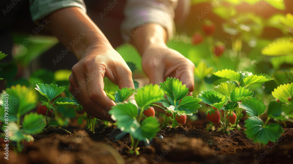 Close-up of hands harvesting ripe strawberries in a sunny garden, showcasing nature, farming, and sustainable agriculture. Close-up of hands harvesting ripe strawberries in a sunny garden, showcasing nature, farming, and sustainable agriculture.