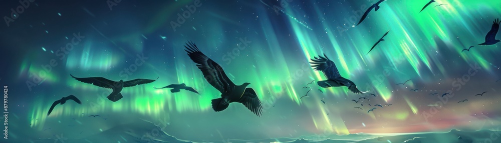 Fototapeta premium Realistic birds soaring amidst the northern lights, vibrant aurora and detailed feathers, highly detailed scene