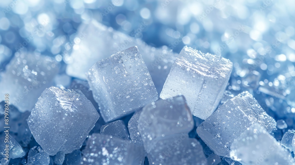Close-up of translucent ice cubes on a blue background, capturing the intricate details and cool freshness of the ice. Close-up of translucent ice cubes on a blue background, capturing the intricate details and cool freshness of the ice.