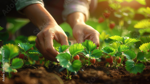 Close-up of hands harvesting ripe strawberries in a sunny garden, showcasing nature, farming, and sustainable agriculture.