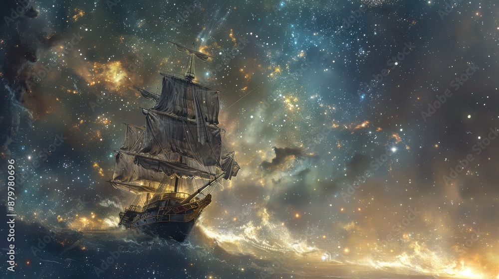 Ship navigating a starry expanse, blending nautical elements with celestial wonder, photorealistic detail Ship navigating a starry expanse, blending nautical elements with celestial wonder, photorealistic detail