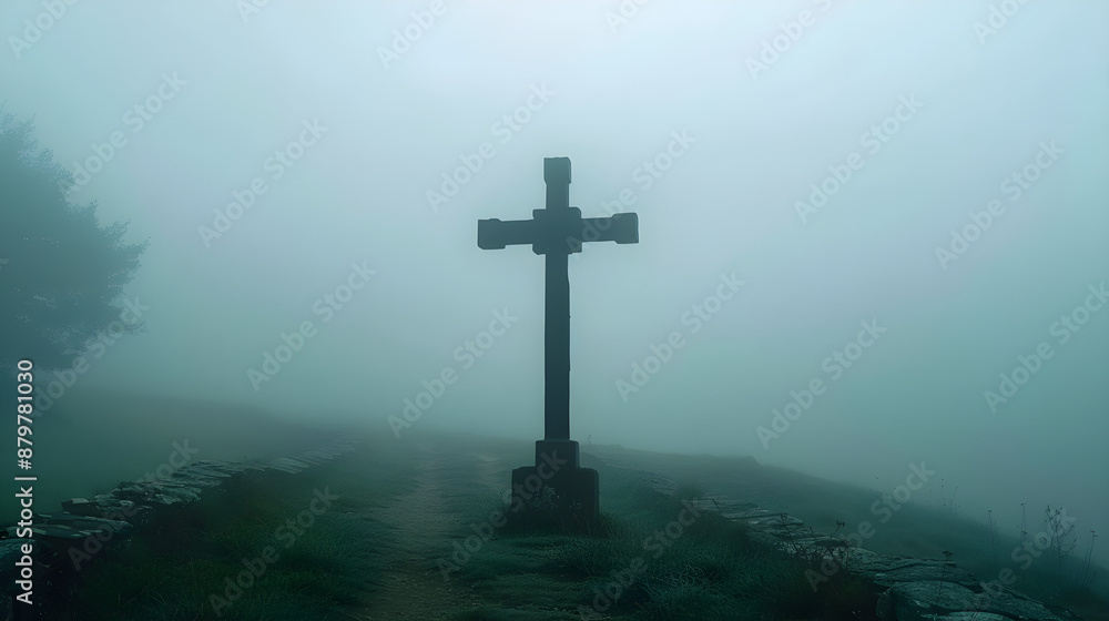 A mysterious cross in the fog with an atmospheric, somber, and tranquil vibe, perfect for spiritual and enigmatic designs. Contains copy space. A mysterious cross in the fog with an atmospheric, somber, and tranquil vibe, perfect for spiritual and enigmatic designs. Contains copy space.