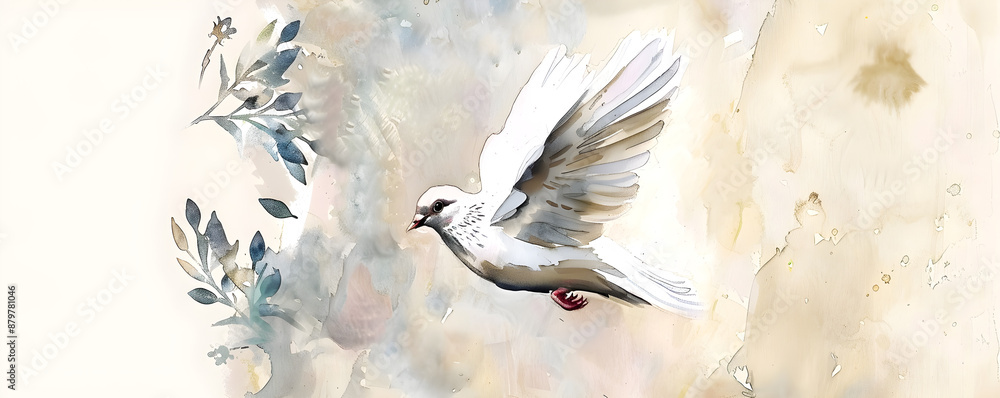 Obraz premium A watercolor painting of a flying white dove with floral elements in soft pastel colors. Ideal for wedding invitations, greeting cards, confirmations. Has copy space.