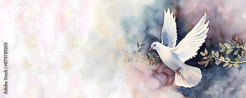 Watercolor dove with floral elements, ideal for celebration invitations or greeting cards with pastel colors and copy space.