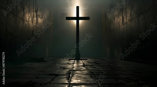 A cross is displayed in the middle of a dark room, glowing light behind it, representing spiritual symbolism with ample copy space. photo