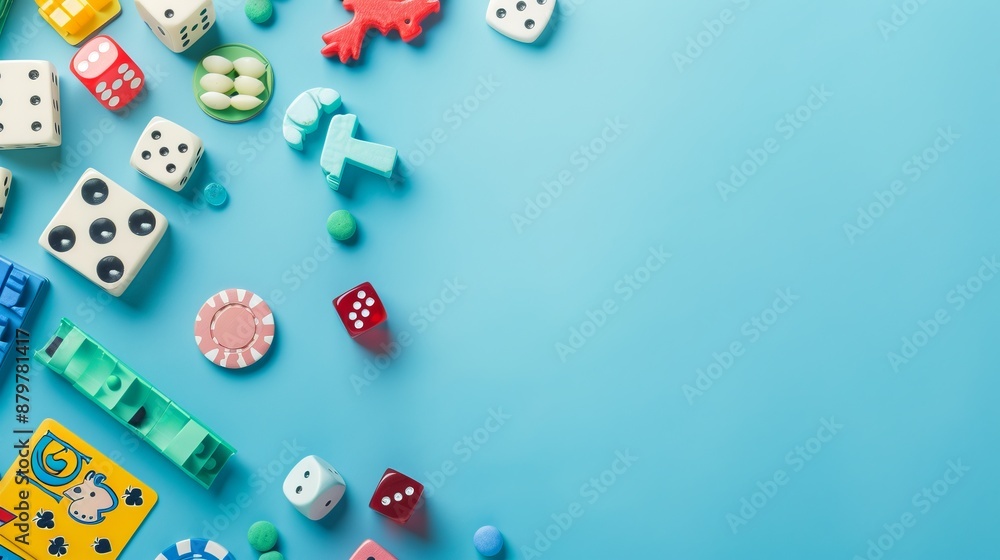 A collection of dice, game components, and other playful objects are displayed on a blue backdrop. This lively layout is perfect for representing board games and fun activities. A collection of dice, game components, and other playful objects are displayed on a blue backdrop. This lively layout is perfect for representing board games and fun activities.