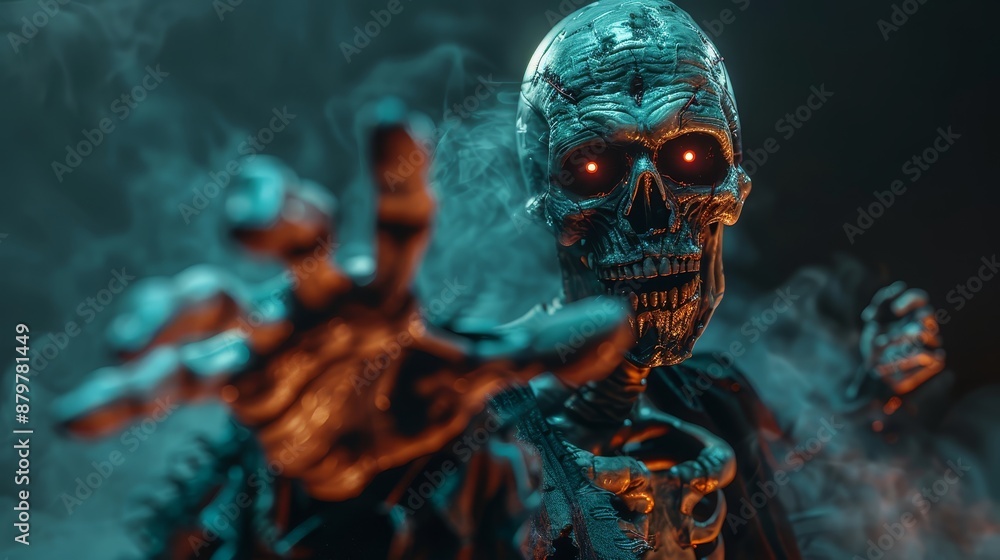 Eerie skeleton with glowing eyes reaching out through mist in a dark, atmospheric setting, perfect for Halloween or horror-themed designs. Eerie skeleton with glowing eyes reaching out through mist in a dark, atmospheric setting, perfect for Halloween or horror-themed designs.