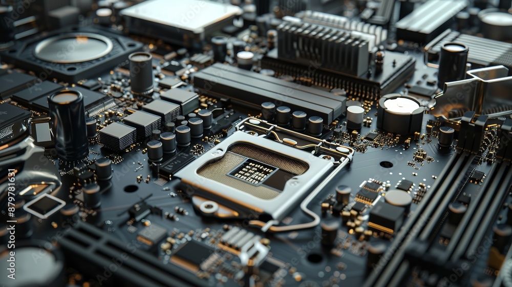 Detailed view of an intricate electronic circuit motherboard showcasing various components and intricate design patterns essential in modern technology devices. Detailed view of an intricate electronic circuit motherboard showcasing various components and intricate design patterns essential in modern technology devices.