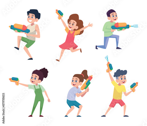Water games. Kids playing summer water games fighting with toys water gun exact vector cartoon characters