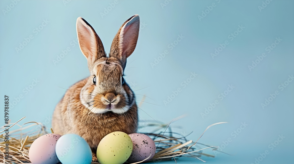 Fototapeta premium Cute rabbit with pastel-colored Easter eggs on straw nest, blue background. Ideal for Easter decorations, greeting cards, and spring-themed designs.
