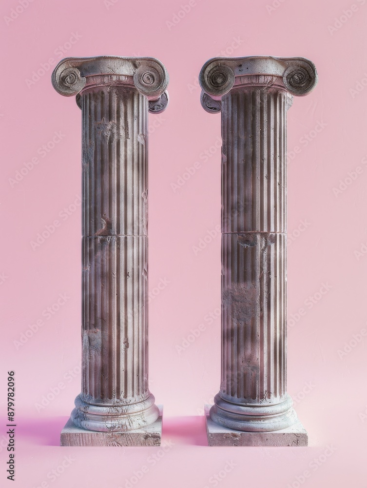 Two Ancient Greek or Roman Columns on pink background Two Ancient Greek or Roman Columns on pink background