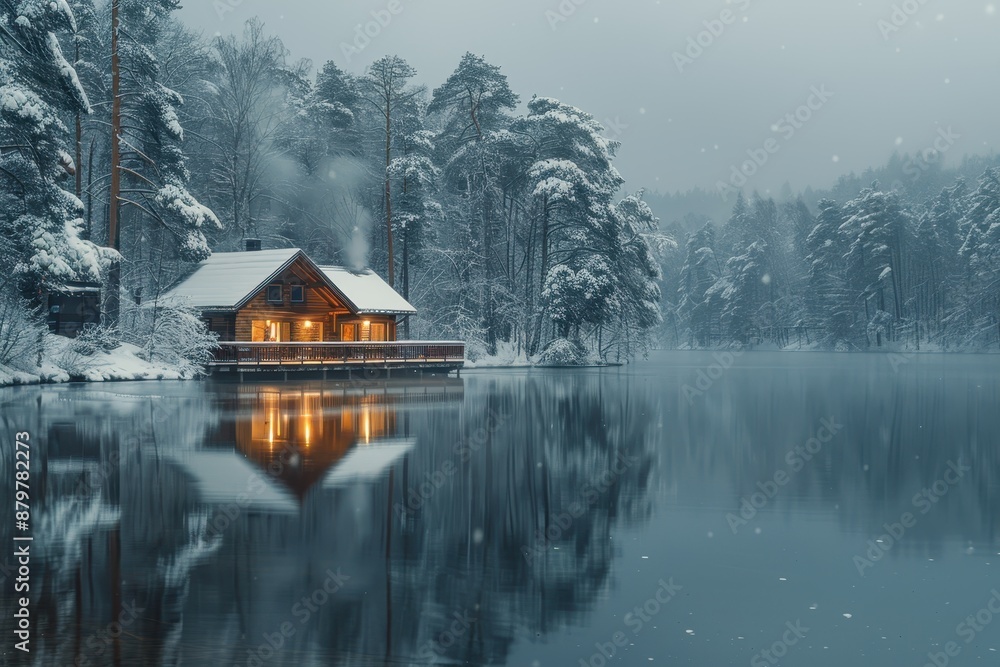 Fototapeta premium A serene Finnish sauna by a frozen lake, with steam rising from the water and snow-covered trees all around. 