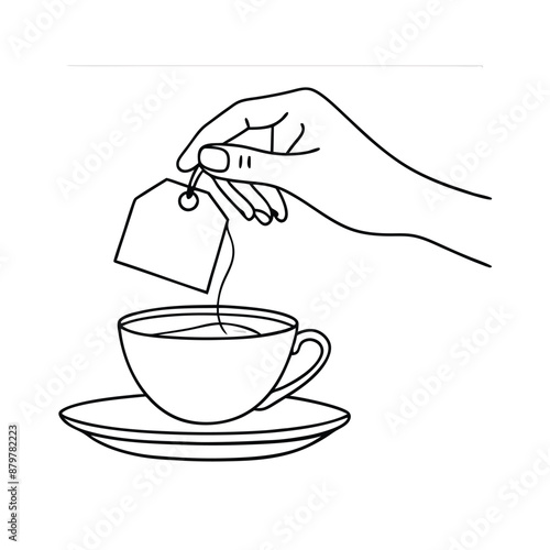 hand delicately holding a tea bag a cup of tea. The line art vector illustration 