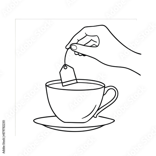 hand delicately holding a tea bag a cup of tea. The line art vector illustration 