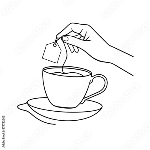 hand delicately holding a tea bag a cup of tea. The line art vector illustration 