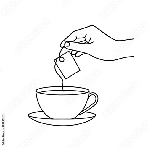 hand delicately holding a tea bag a cup of tea. The line art vector illustration 