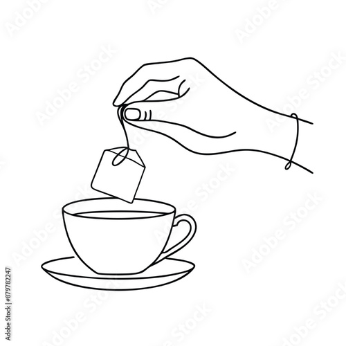 hand delicately holding a tea bag a cup of tea. The line art vector illustration 