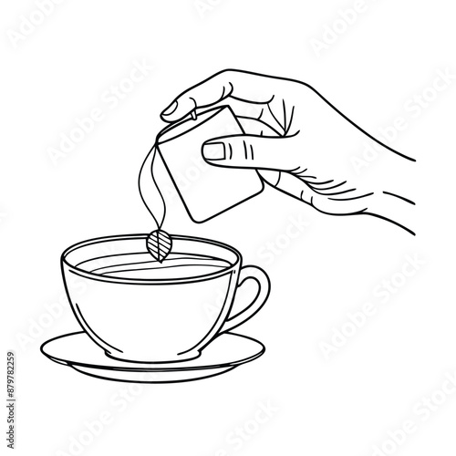 hand delicately holding a tea bag a cup of tea. The line art vector illustration 