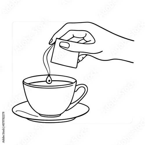 hand delicately holding a tea bag a cup of tea. The line art vector illustration 