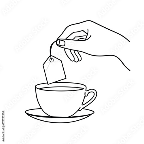 hand delicately holding a tea bag a cup of tea. The line art vector illustration 