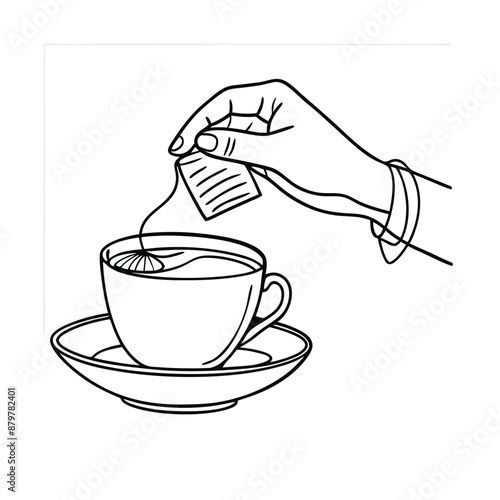 hand delicately holding a tea bag a cup of tea. The line art vector illustration 