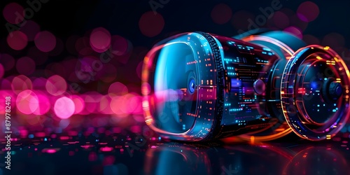 Immersive Technology Virtual Reality Glasses with Abstract Circles on Dark Background. Concept Immersive Technology, Virtual Reality Glasses, Abstract Circles, Dark Background