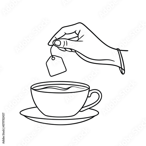 hand delicately holding a tea bag a cup of tea. The line art vector illustration 