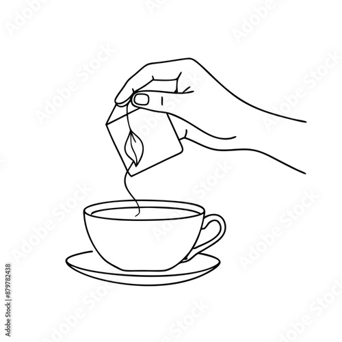 hand delicately holding a tea bag a cup of tea. The line art vector illustration 