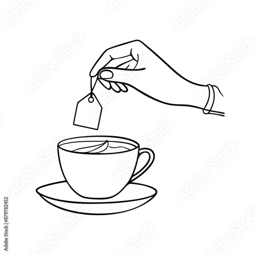 hand delicately holding a tea bag a cup of tea. The line art vector illustration 