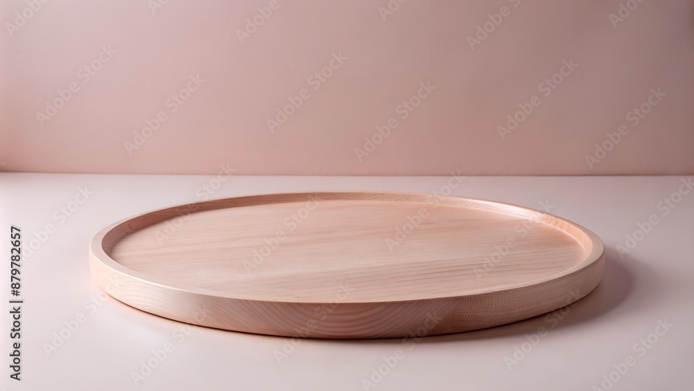 Round Wooden Tray on a White Surface With a Pink Background. Generative AI Round Wooden Tray on a White Surface With a Pink Background. Generative AI