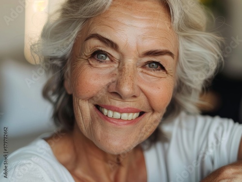 Portrait of a smiling senior woman with healthy teeth and a great smile looking at the camera. Health concept