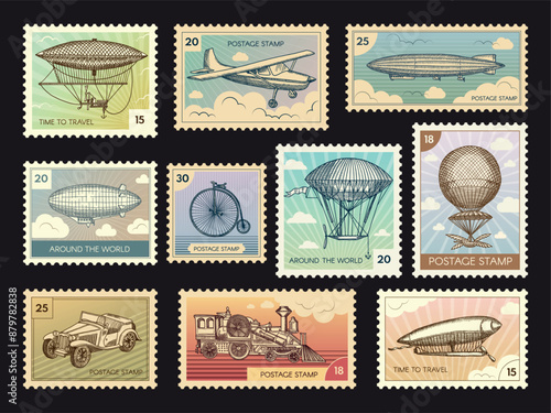 Postage stamps. Retro labels with transport cars aerobus aircraft recent vector templates with place for text