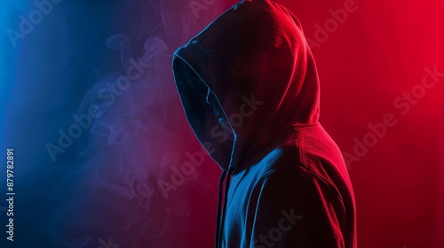 A hooded figure stands in profile, bathed in dramatic red and blue lighting, surrounded by swirling smoke, creating a contrasting and visually striking scene. photo