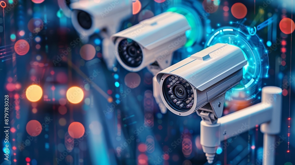 High-tech security cameras with digital interface background, symbolizing advanced surveillance technology and data protection. High-tech security cameras with digital interface background, symbolizing advanced surveillance technology and data protection.